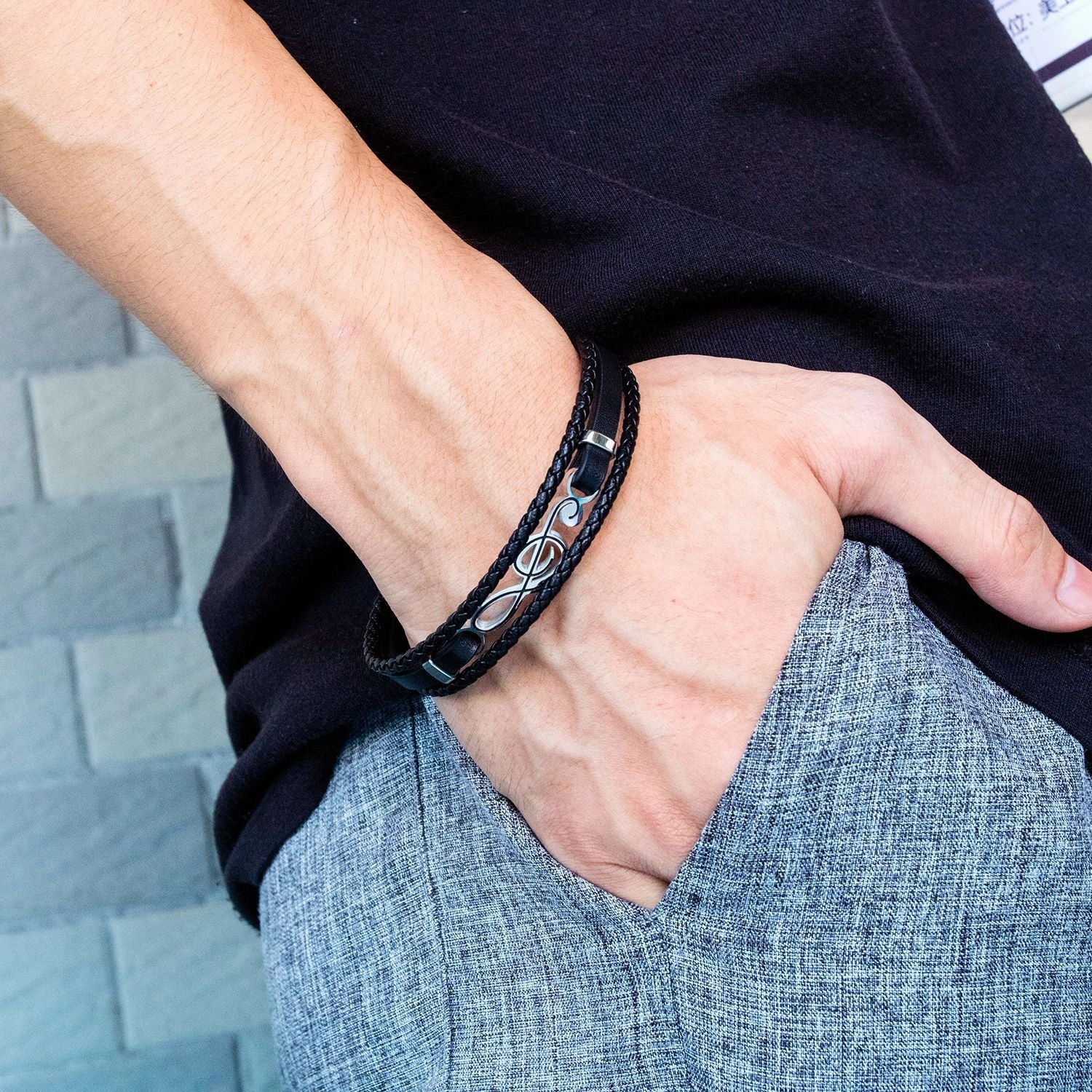 Wholesale Musical Note Leather Simple Multi-layer Braided Men's Bracelet