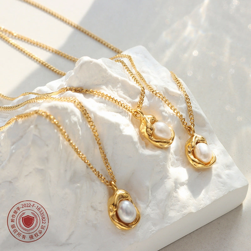 Wholesale Natural Freshwater Pearl Inlaid Shaped Pendant Titanium Steel Necklaces