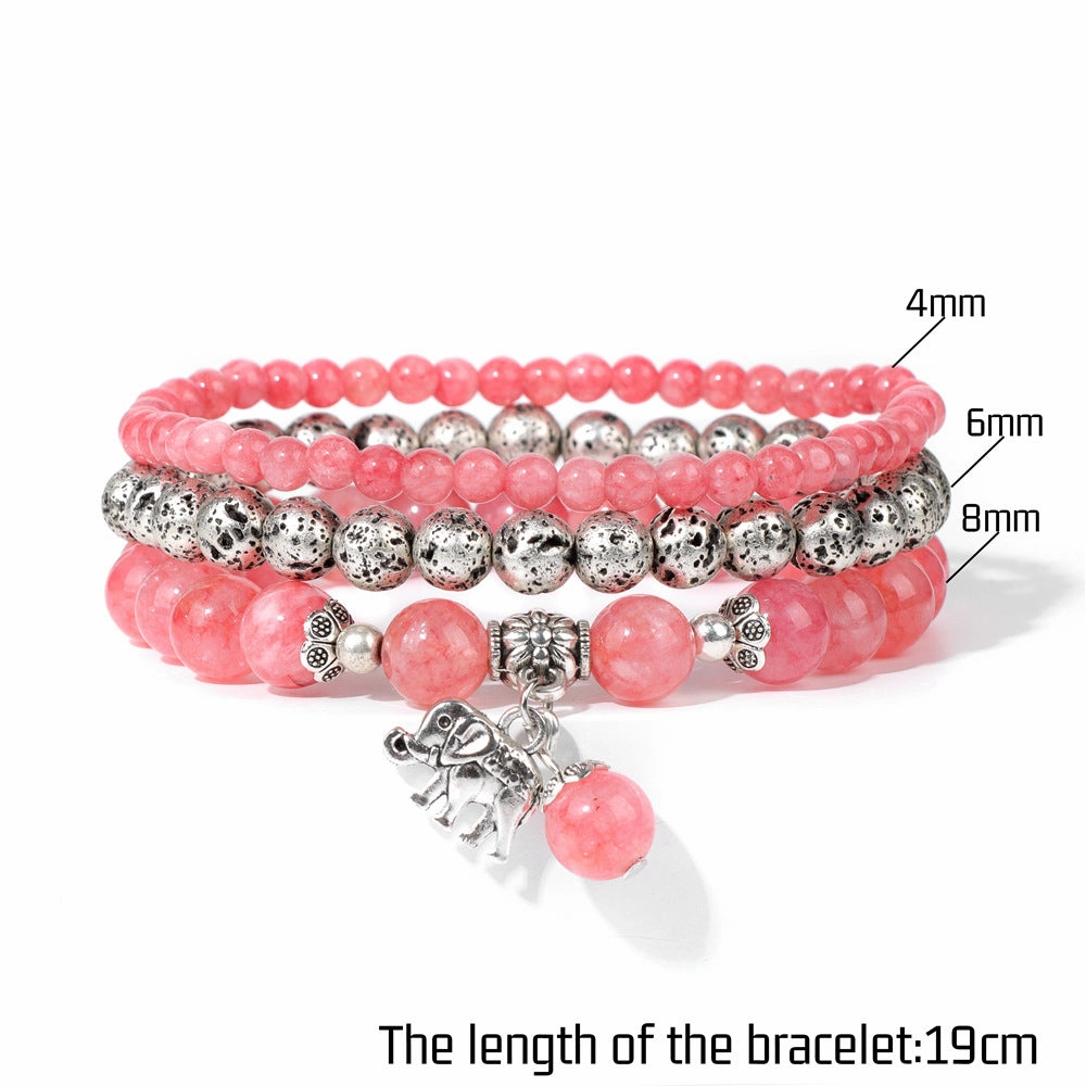 Wholesale Natural Stone Beads Electroplated Volcanic Stone Beads Elephant Pendant Three Layers Bracelet