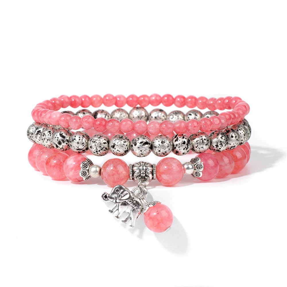 Wholesale Natural Stone Beads Electroplated Volcanic Stone Beads Elephant Pendant Three Layers Bracelet