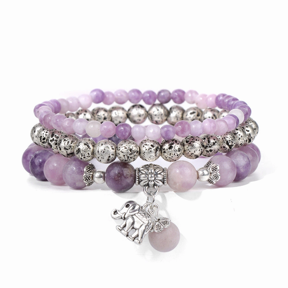 Wholesale Natural Stone Beads Electroplated Volcanic Stone Beads Elephant Pendant Three Layers Bracelet