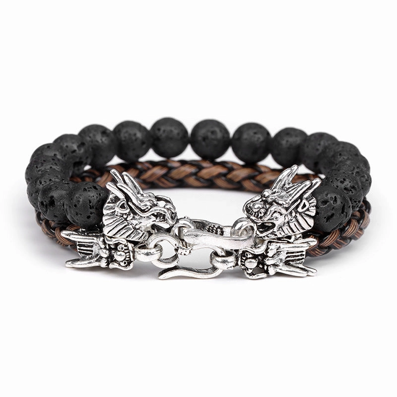 Wholesale Natural Stone Beads Leather Cord Double Layer Alloy Faucet Bracelet