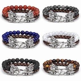 Wholesale Natural Stone Beads Leather Cord Double Layer Alloy Faucet Bracelet