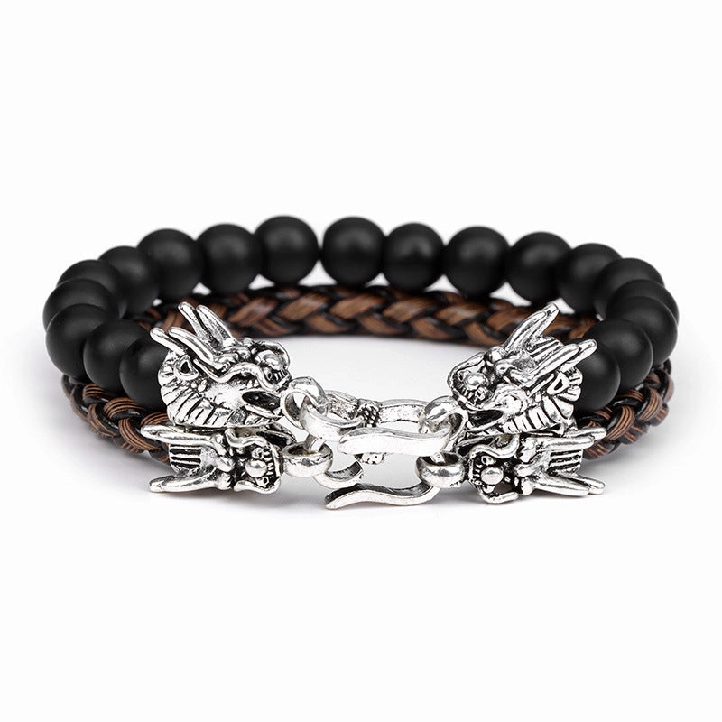 Wholesale Natural Stone Beads Leather Cord Double Layer Alloy Faucet Bracelet