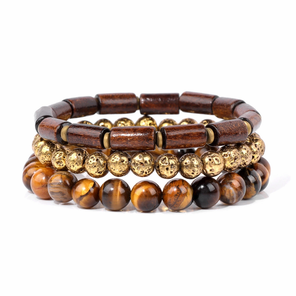 Wholesale Natural Stone Beads Plated Volcanic Stone Wooden Beads Agate Set Bracelet