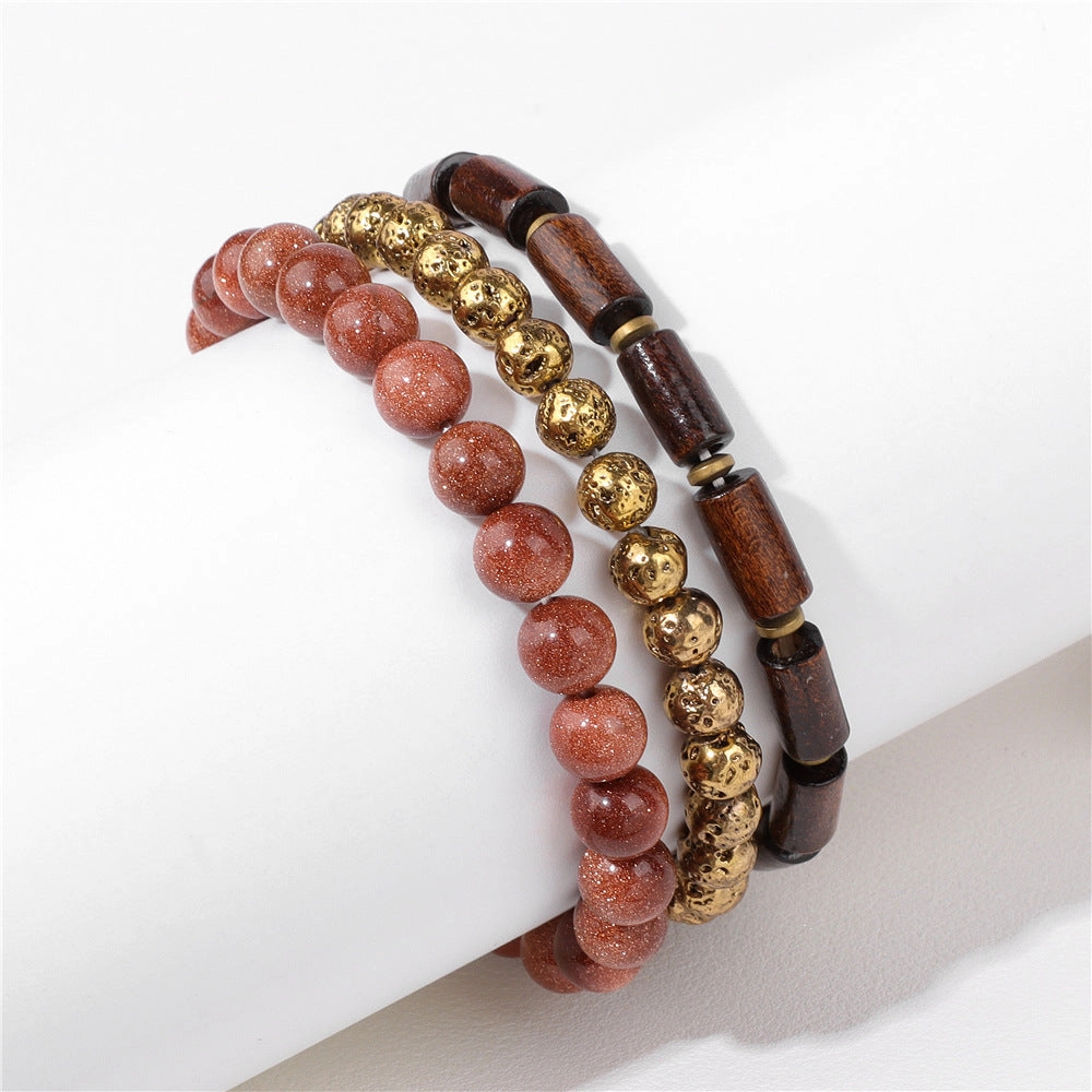 Wholesale Natural Stone Beads Plated Volcanic Stone Wooden Beads Agate Set Bracelet