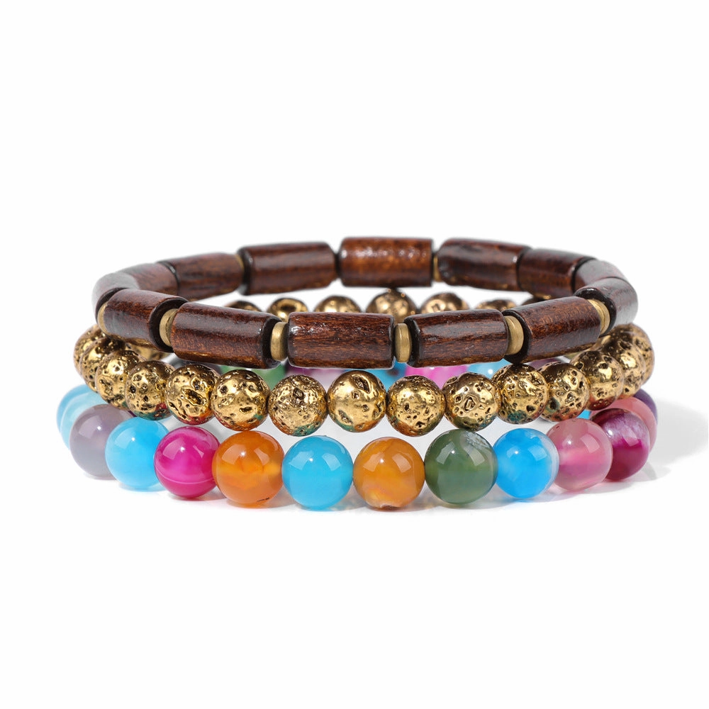 Wholesale Natural Stone Beads Plated Volcanic Stone Wooden Beads Agate Set Bracelet