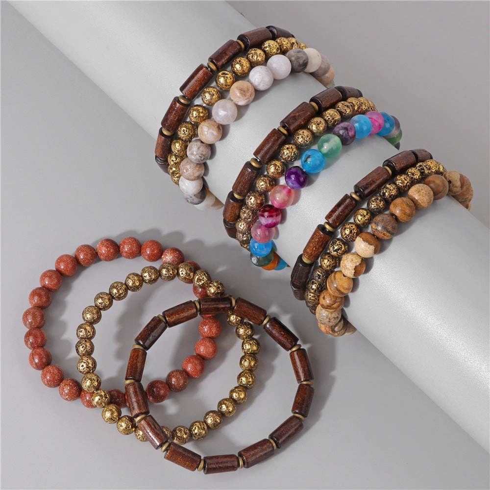 Wholesale Natural Stone Beads Plated Volcanic Stone Wooden Beads Agate Set Bracelet