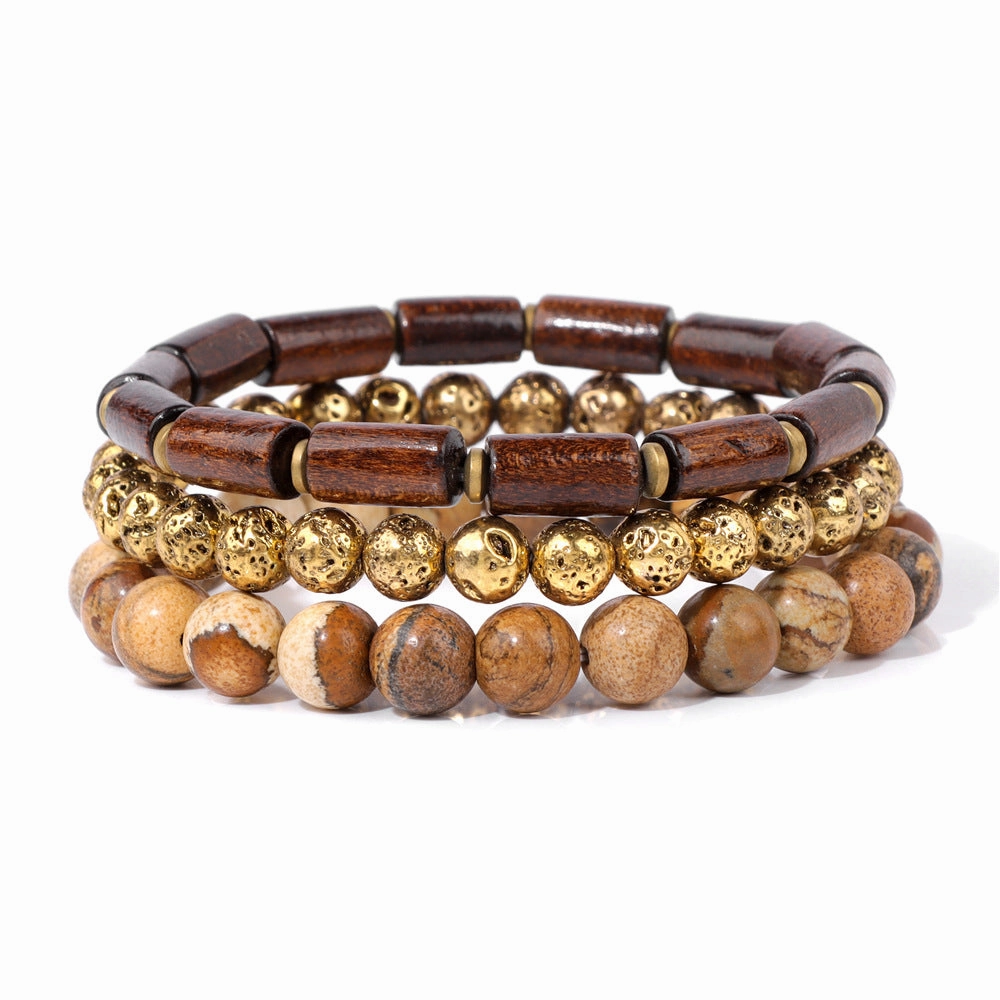Wholesale Natural Stone Beads Plated Volcanic Stone Wooden Beads Agate Set Bracelet
