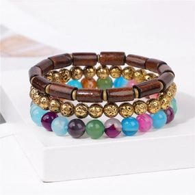 Wholesale Natural Stone Beads Plated Volcanic Stone Wooden Beads Agate Set Bracelet