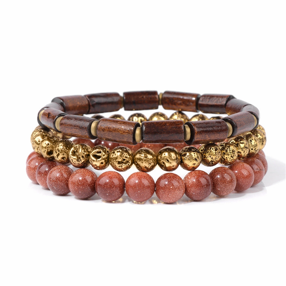 Wholesale Natural Stone Beads Plated Volcanic Stone Wooden Beads Agate Set Bracelet