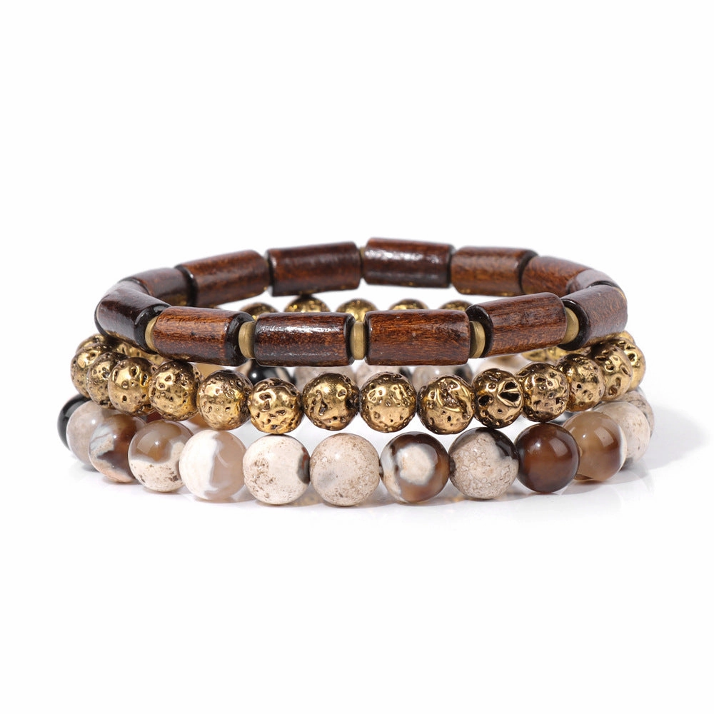Wholesale Natural Stone Beads Plated Volcanic Stone Wooden Beads Agate Set Bracelet
