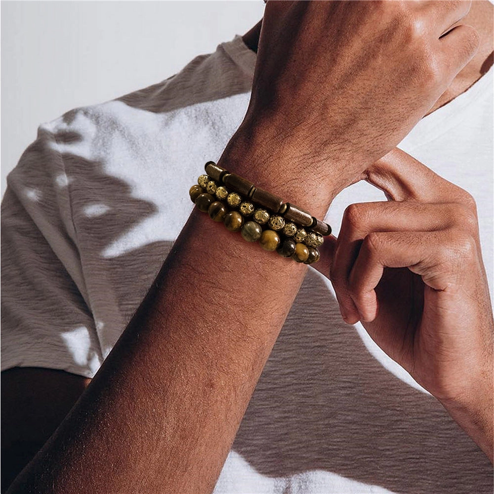 Wholesale Natural Stone Beads Plated Volcanic Stone Wooden Beads Agate Set Bracelet