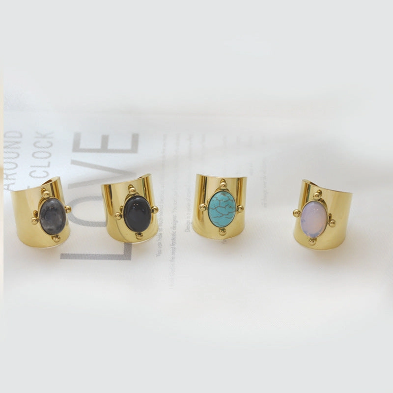 Wholesale Natural Stone Shell Titanium Steel Adjustable Ring