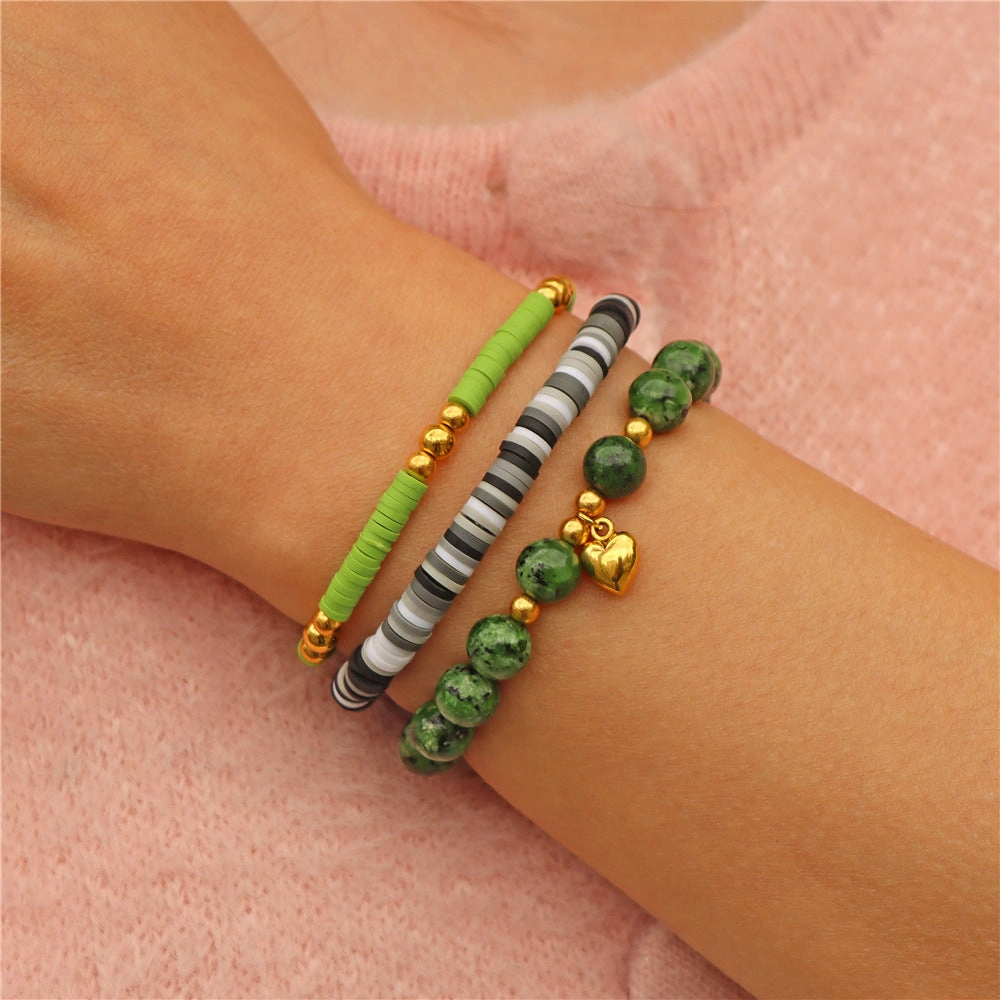 Wholesale Natural Stone Soft Pottery Beads Three-Piece Elastic Cord Bracelet