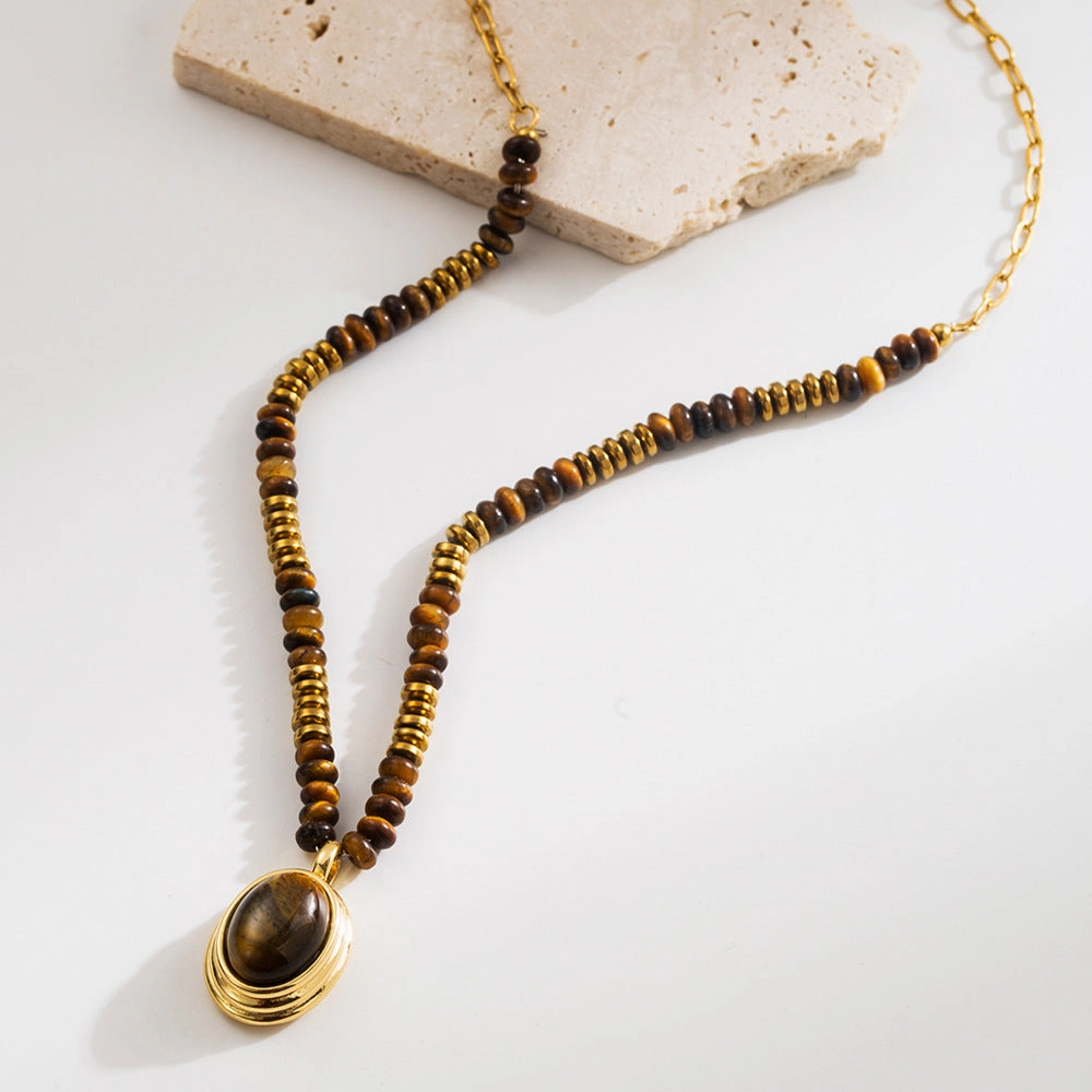 Wholesale Natural Tiger's Eye Niche Maillard Style Geometric Retro Titanium Steel Clavicle Necklace