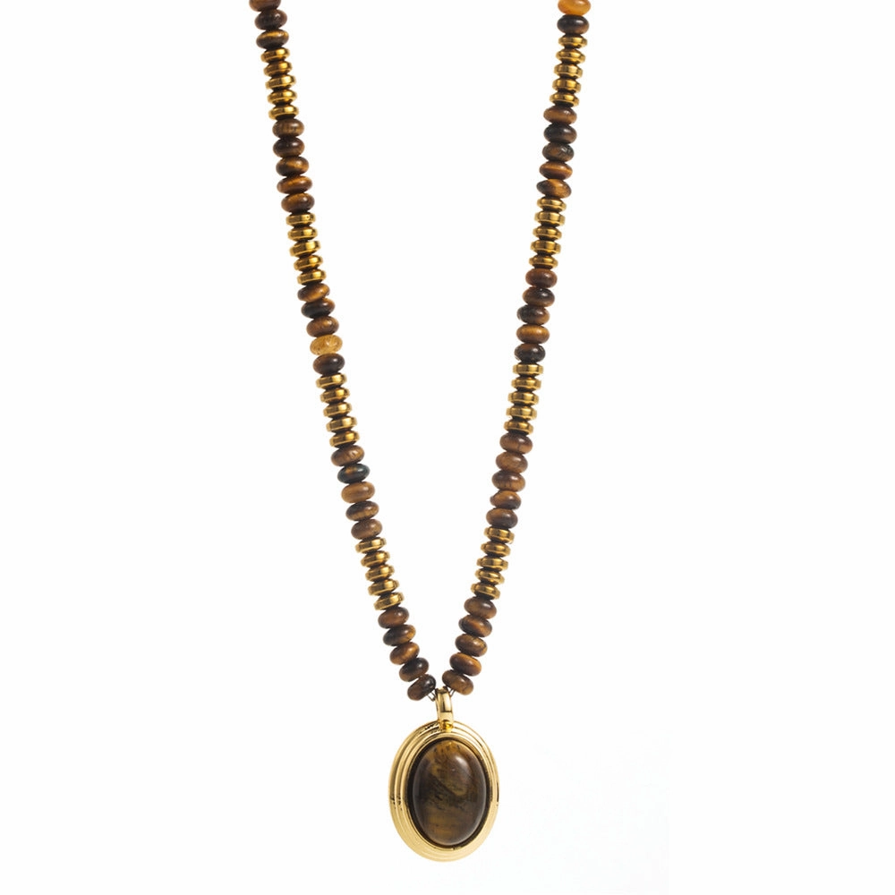 Wholesale Natural Tiger's Eye Stone Niche Premium Sense Maillard Wind Neck Chain Geometric Vintage Titanium Steel Clavicle Necklace