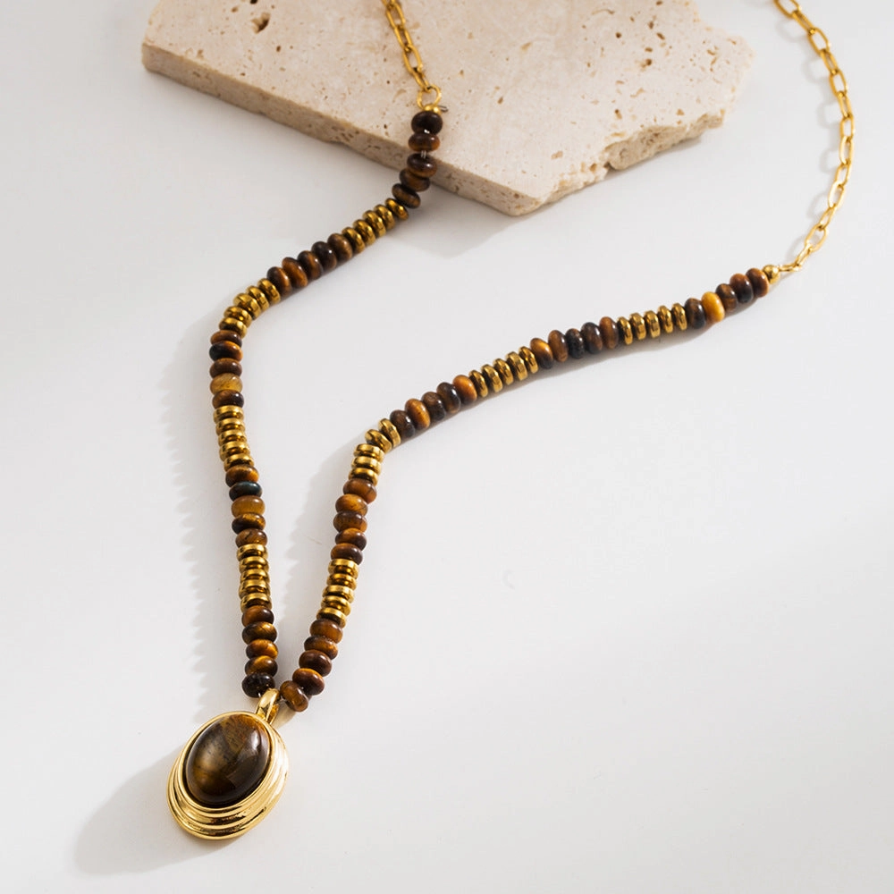 Wholesale Natural Tiger's Eye Stone Niche Premium Sense Maillard Wind Neck Chain Geometric Vintage Titanium Steel Clavicle Necklace