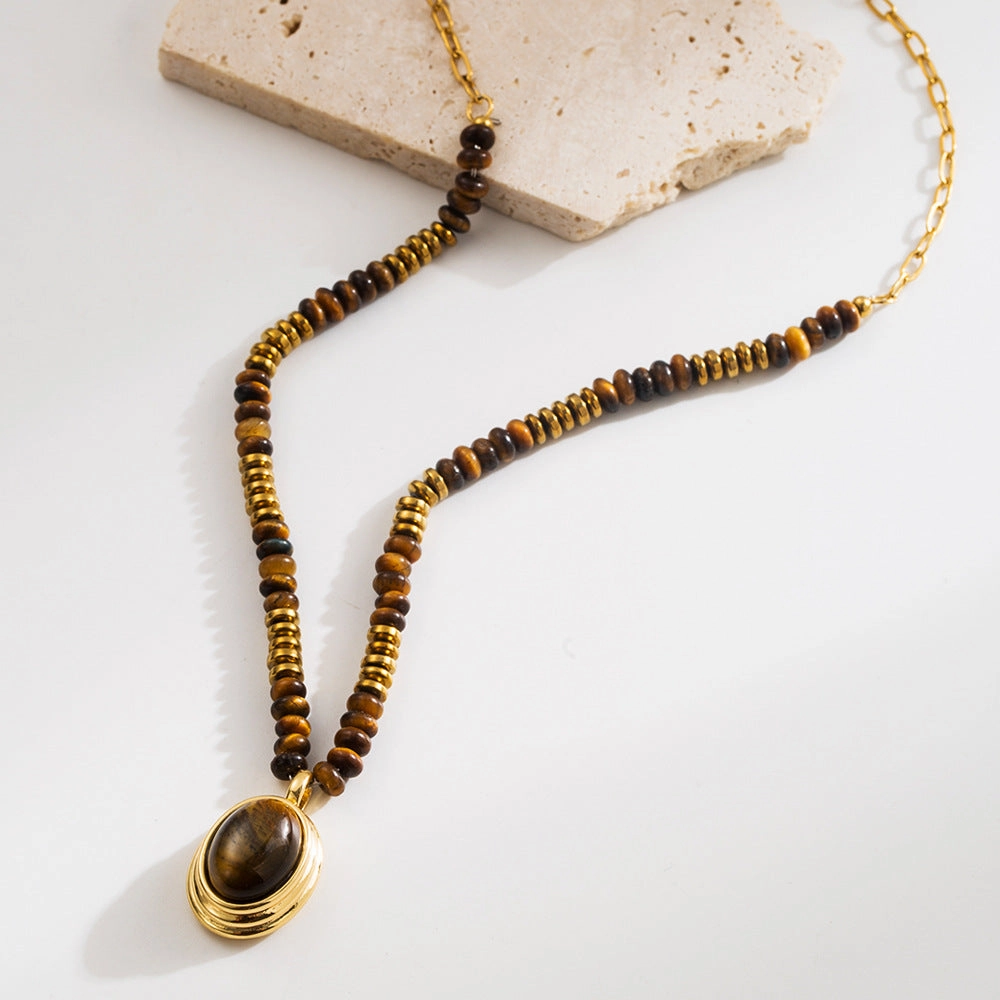 Wholesale Natural Tiger's Eye Stone Niche Premium Sense Maillard Wind Neck Chain Geometric Vintage Titanium Steel Clavicle Necklace