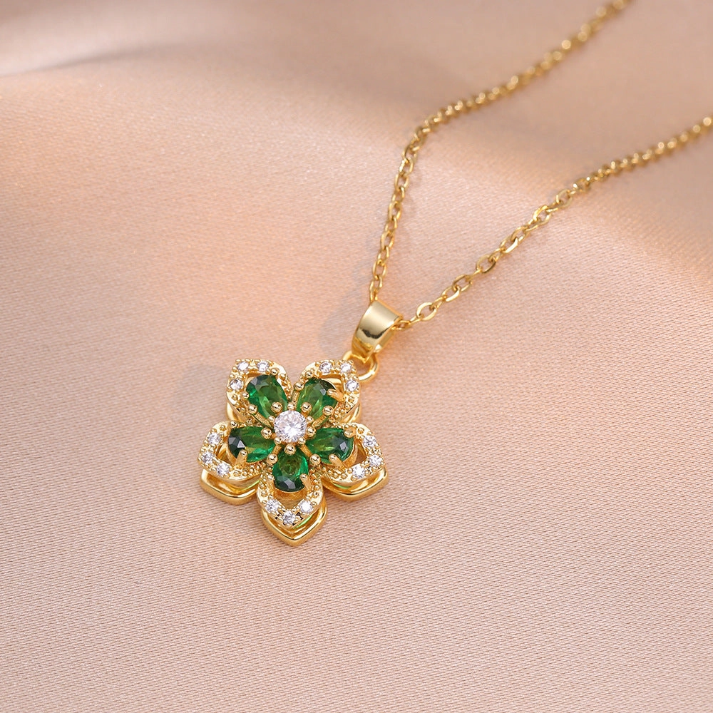 Wholesale Necklace rotating bauhinia zircon flower pendant temperament titanium steel necklace