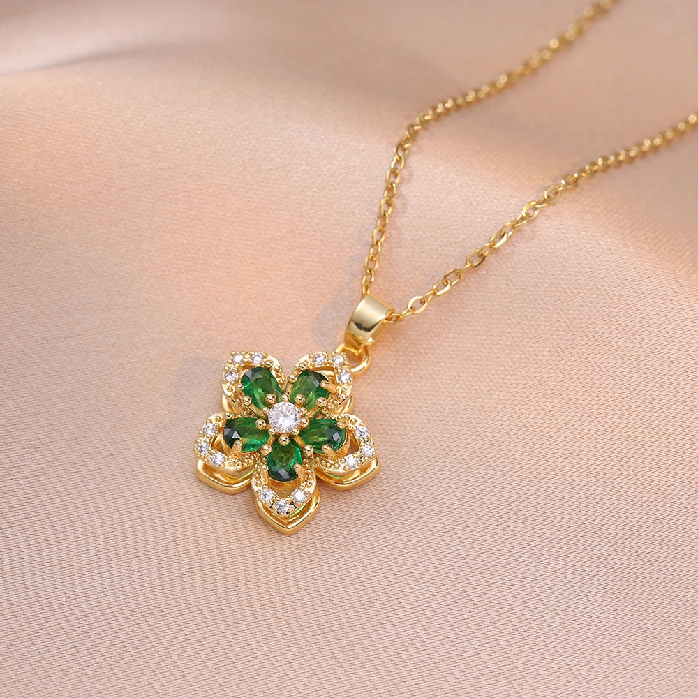Wholesale Necklace rotating bauhinia zircon flower pendant temperament titanium steel necklace