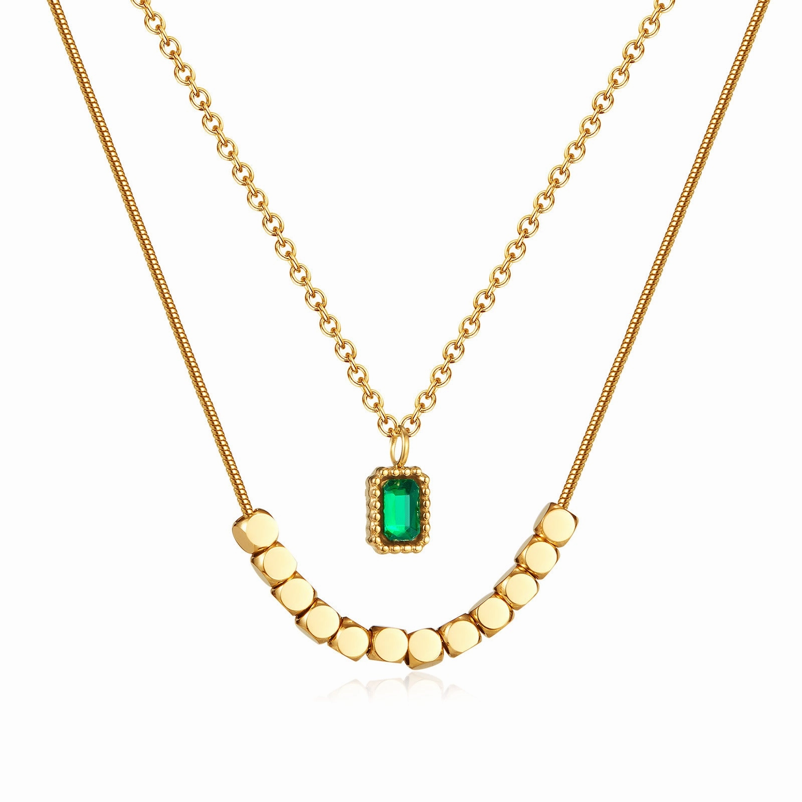 Wholesale New Chinese Style Emerald Zircon Stainless Steel Small Square Necklace
