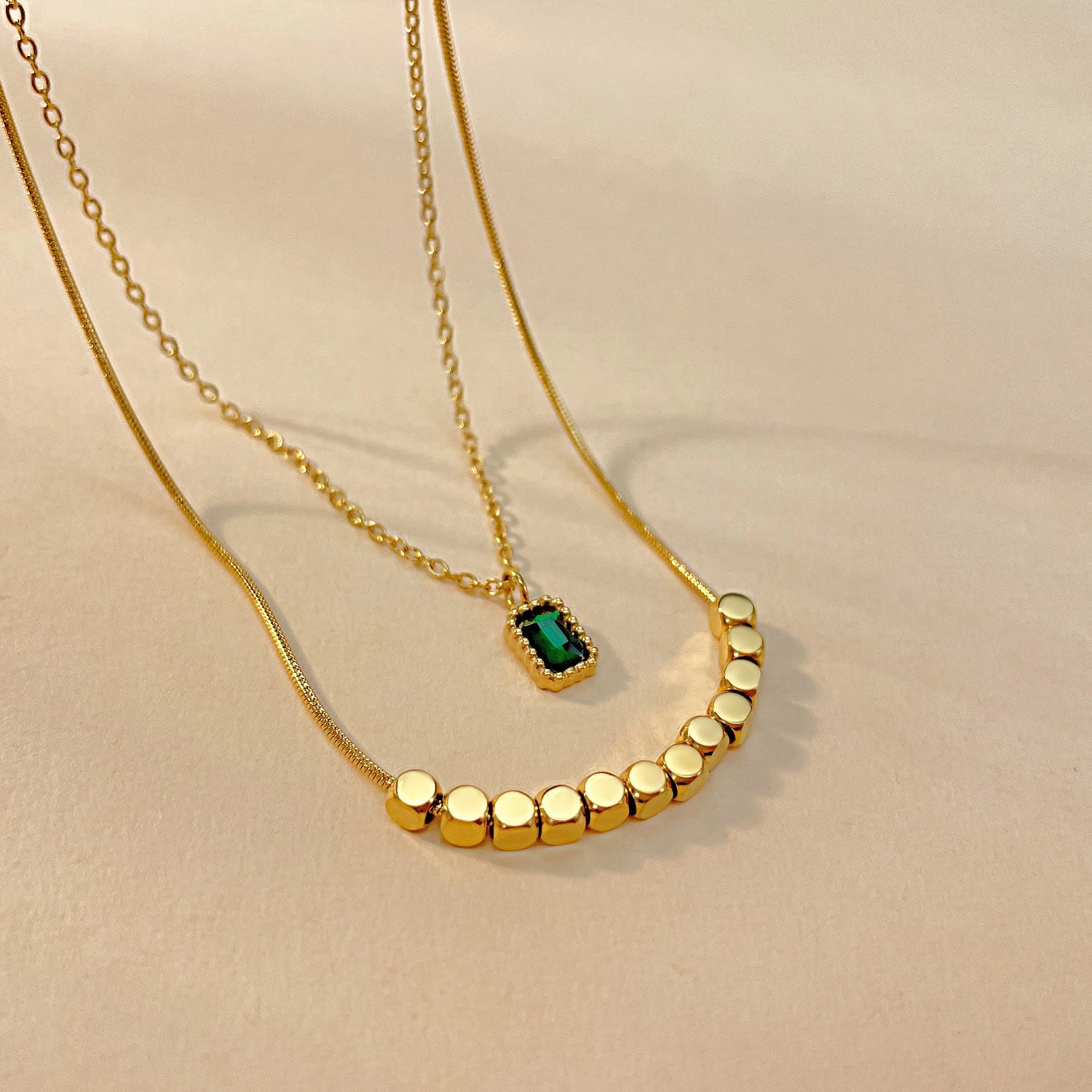 Wholesale New Chinese Style Emerald Zircon Stainless Steel Small Square Necklace