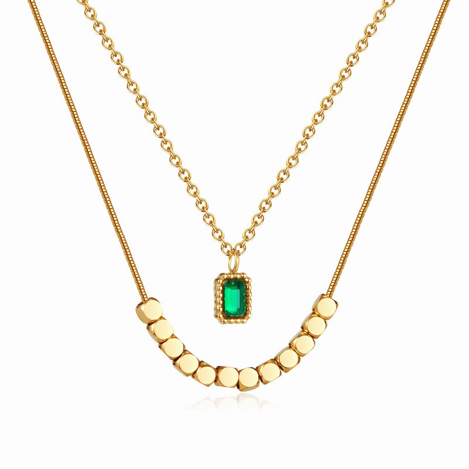 Wholesale New Chinese Style Emerald Zircon Stainless Steel Small Square Necklace