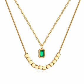 Wholesale New Chinese Style Emerald Zircon Stainless Steel Small Square Necklace