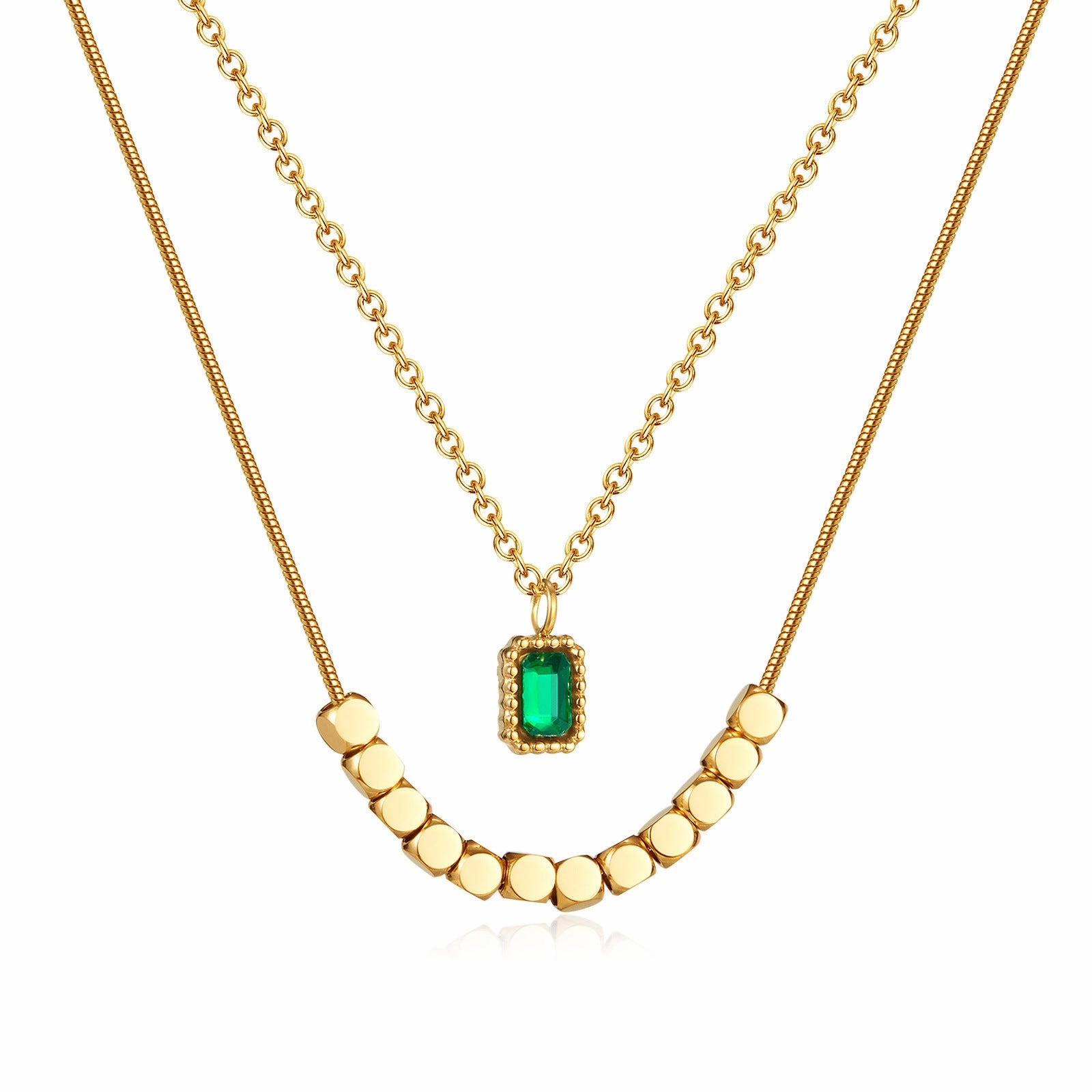 Wholesale New Chinese Style Emerald Zircon Stainless Steel Small Square Necklace