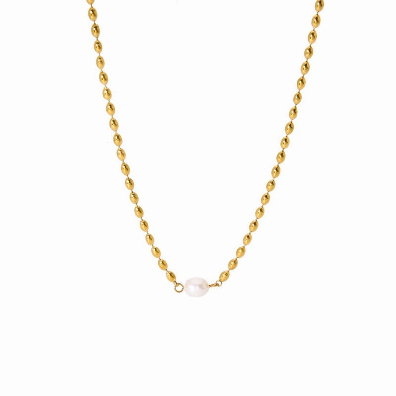 Wholesale Non-fading Natural Freshwater Pearl Oval Gold Bean Titanium Steel Necklaces