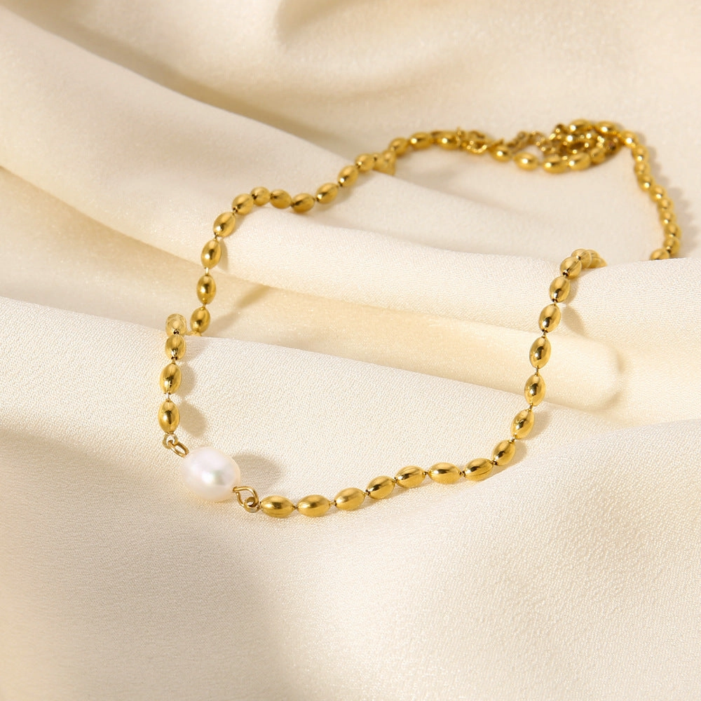 Wholesale Non-fading Natural Freshwater Pearl Oval Gold Bean Titanium Steel Necklaces