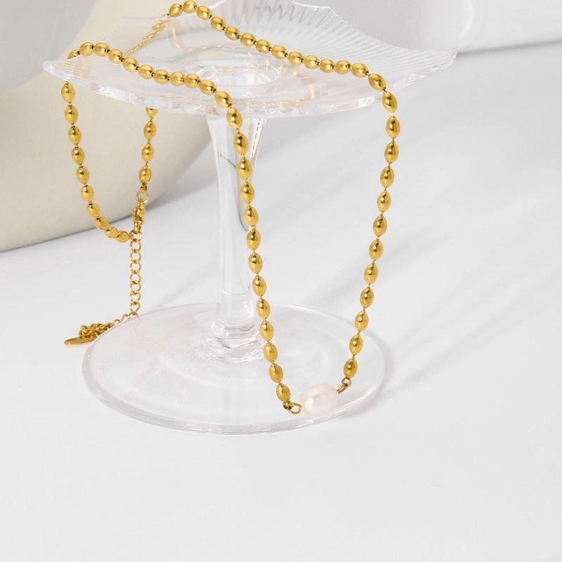 Wholesale Non-fading Natural Freshwater Pearl Oval Gold Bean Titanium Steel Necklaces