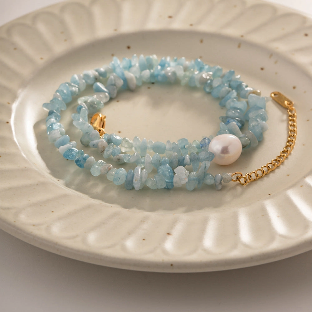 Wholesale Ocean Blue Gravel Pearl Titanium Steel Non-fading Necklaces