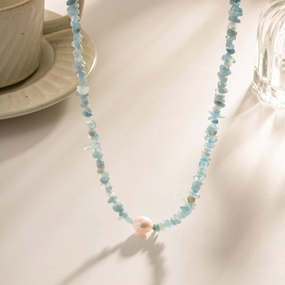 Wholesale Ocean Blue Gravel Pearl Titanium Steel Non-fading Necklaces