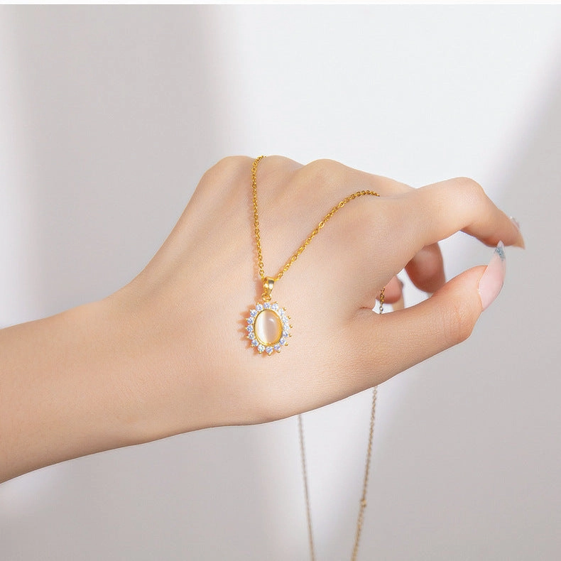 Wholesale Opal Flower Titanium Steel Zircon Pendant Necklaces