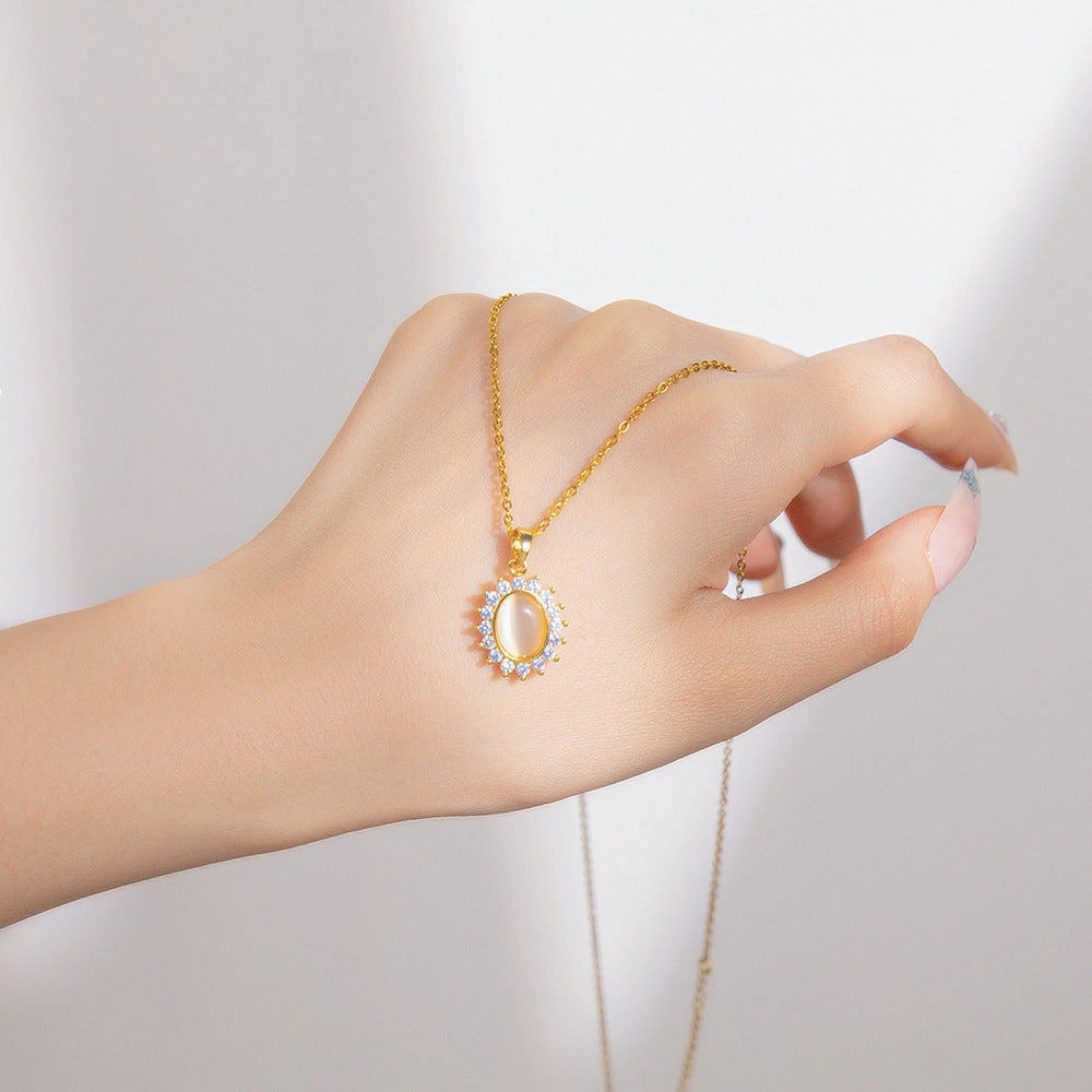 Wholesale Opal Flower Titanium Steel Zircon Pendant Necklaces