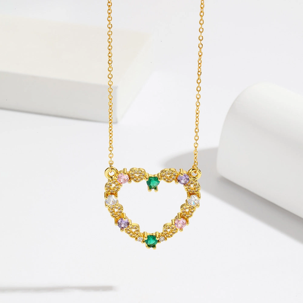 Wholesale Openwork Heart Pendant Copper Micro Emerald Zircon Necklaces