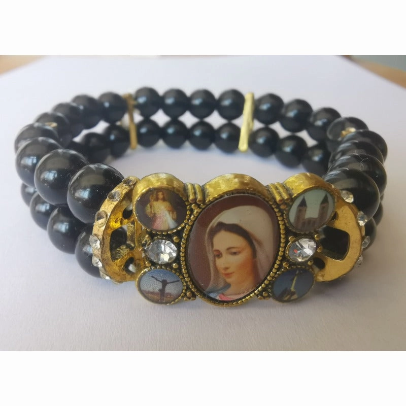 Wholesale Our Lady of The Cross Church Diamond Crystal Icon Imitation Black Onyx Bracelet