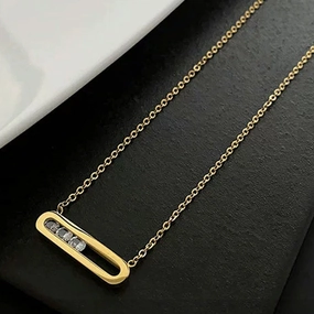 Wholesale Oval Geometric Frame Dynamic Zircon Titanium Steel Necklace
