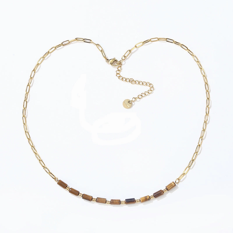 Wholesale Paper Clip Chain Tiger Eye Blue Gold Stone Stainless Steel Neckplaces