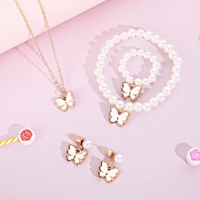 Wholesale Pearl Kids Jewelry Set Drip Oil Pink Little Butterfly Necklaces