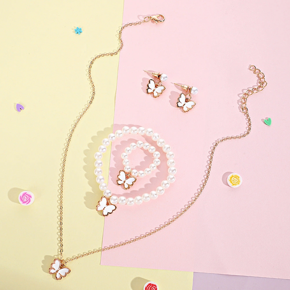 Wholesale Pearl Kids Jewelry Set Drip Oil Pink Little Butterfly Necklaces