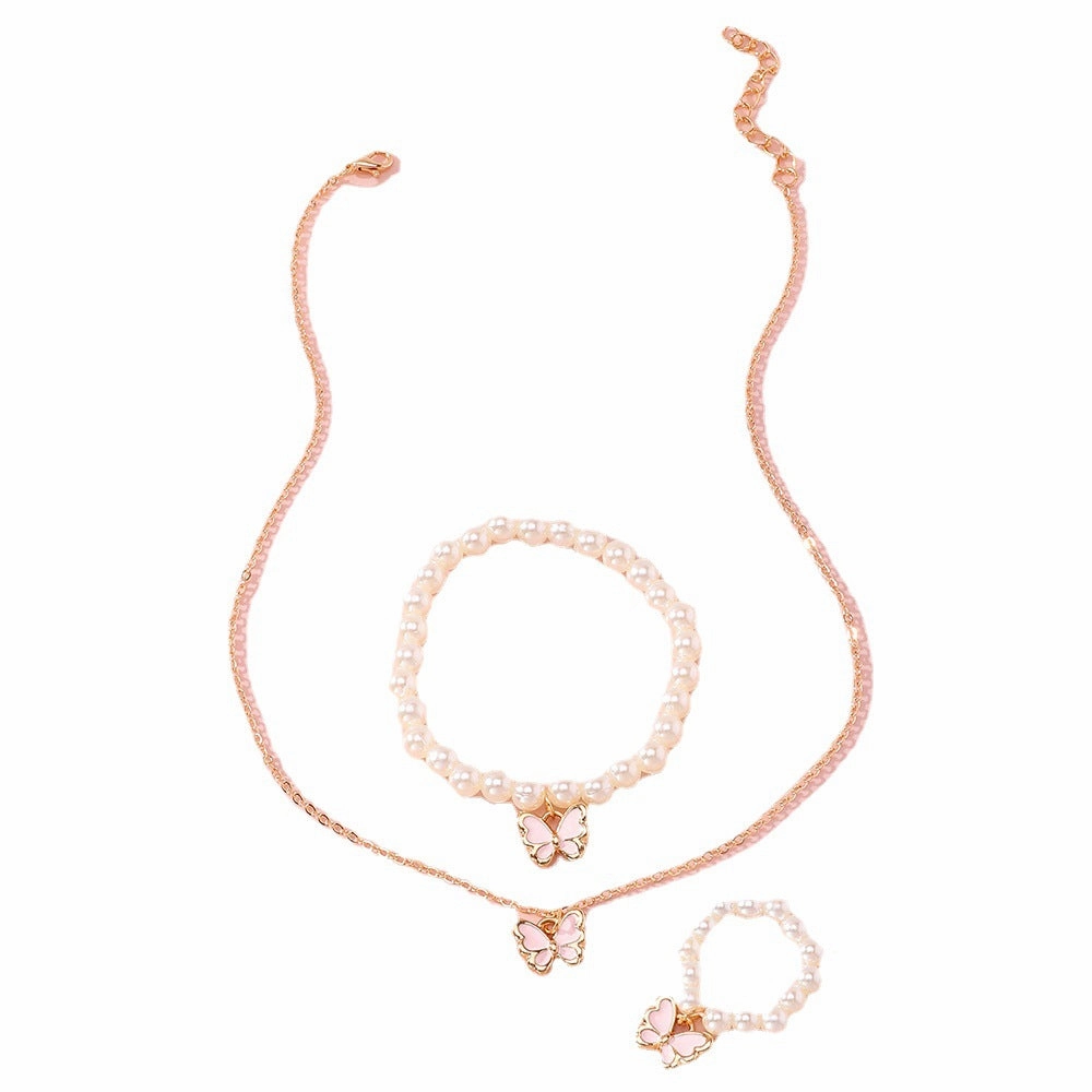 Wholesale Pearl Kids Jewelry Set Drip Oil Pink Little Butterfly Necklaces