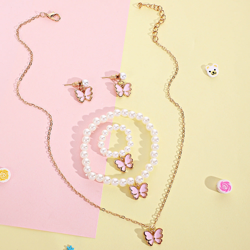 Wholesale Pearl Kids Jewelry Set Drip Oil Pink Little Butterfly Necklaces