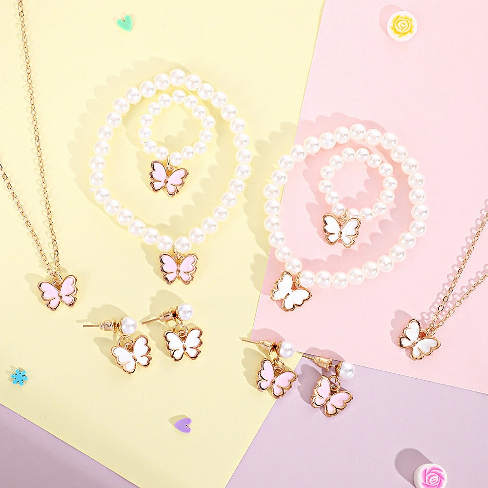 Wholesale Pearl Kids Jewelry Set Drip Oil Pink Little Butterfly Necklaces