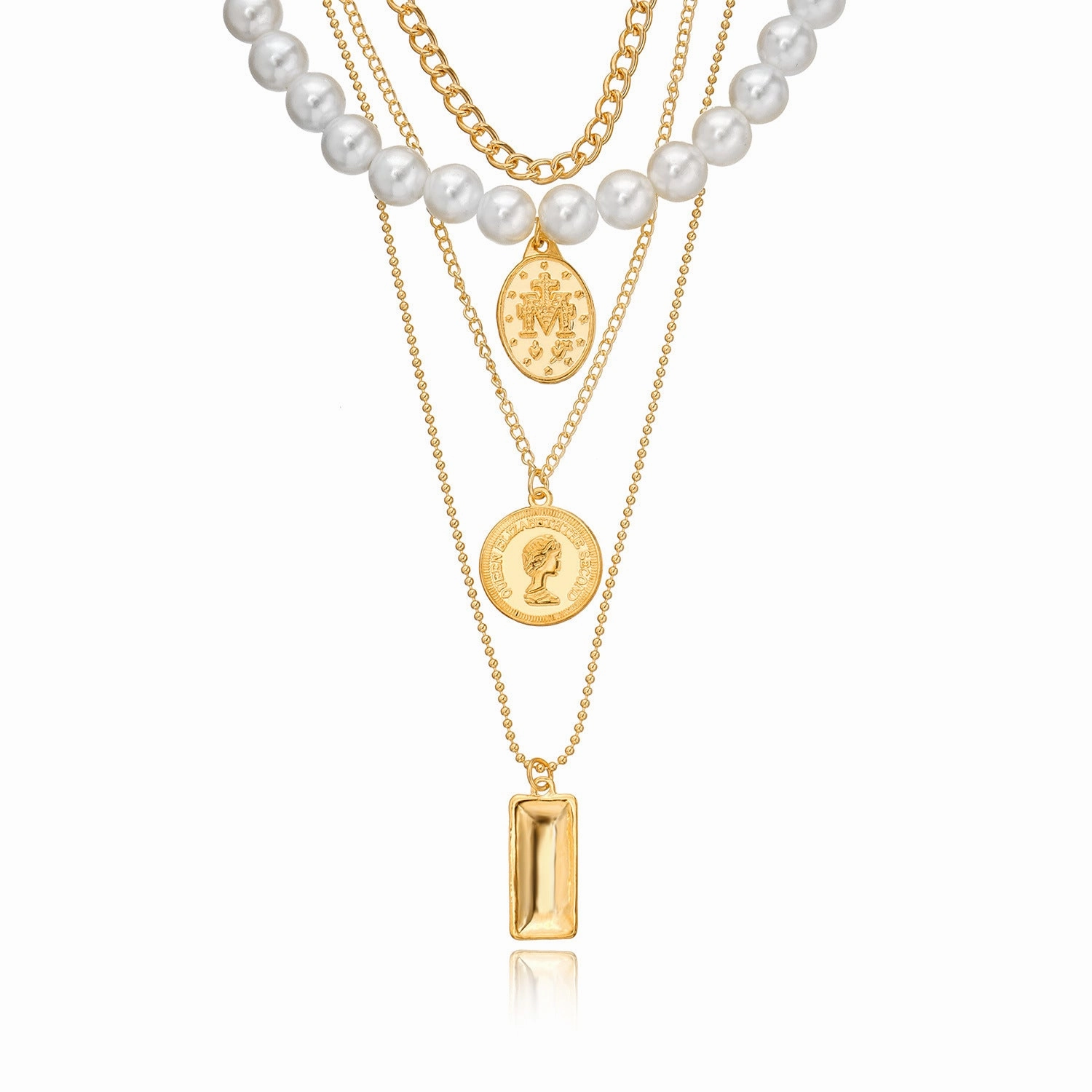 Wholesale Pearl Round Medal Beauty Head Pendant Multilayer Necklaces