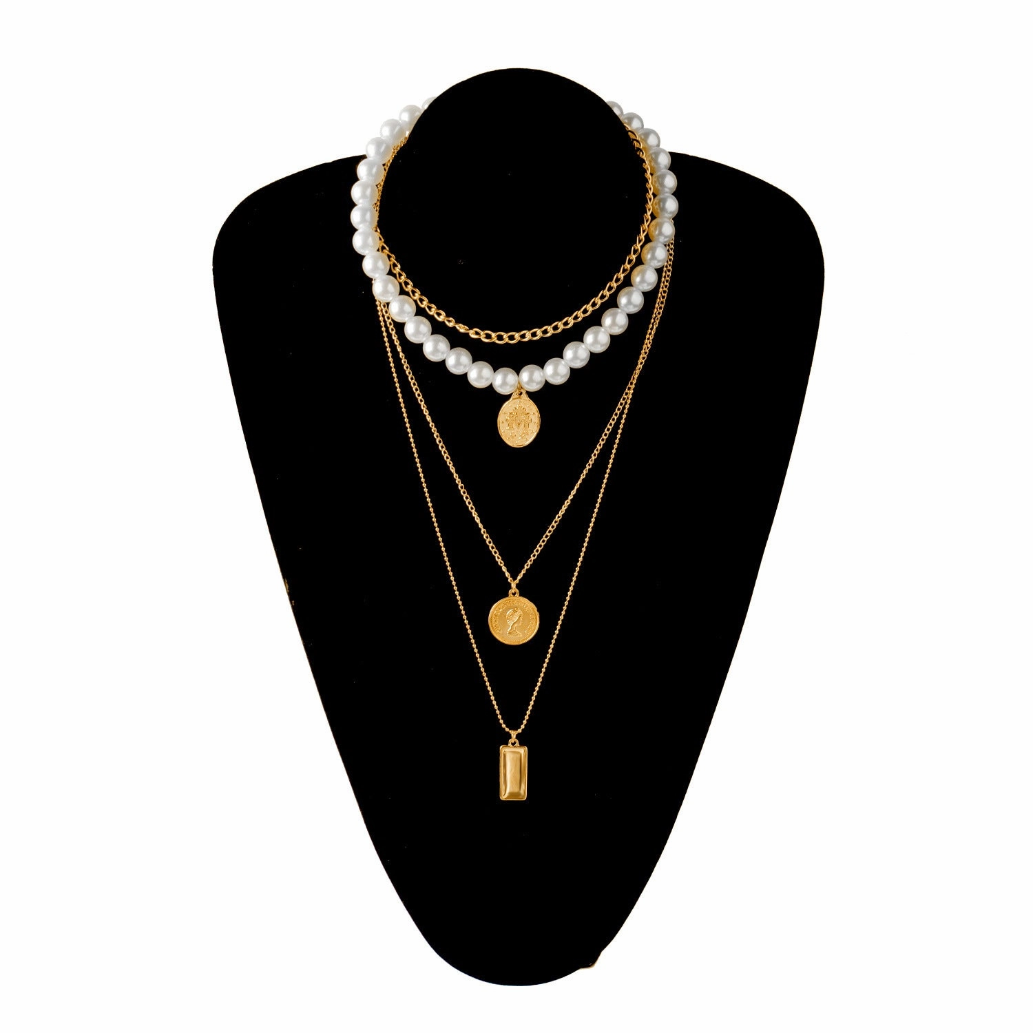 Wholesale Pearl Round Medal Beauty Head Pendant Multilayer Necklaces