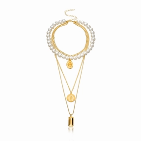 Wholesale Pearl Round Medal Beauty Head Pendant Multilayer Necklaces