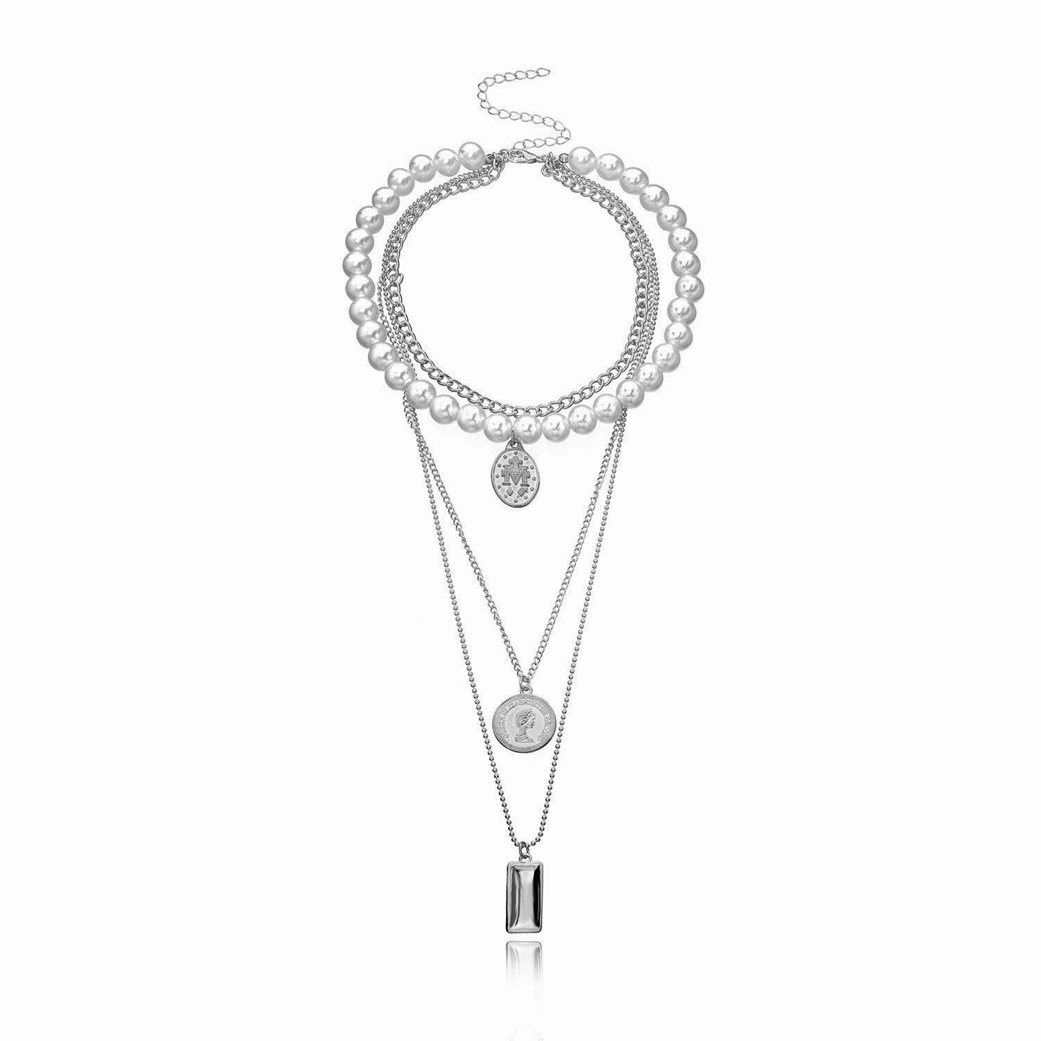 Wholesale Pearl Round Medal Beauty Head Pendant Multilayer Necklaces